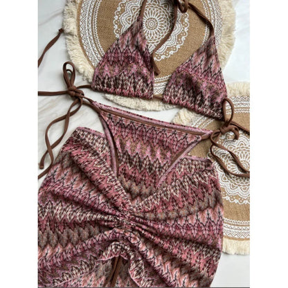 Costume da bagno estivo da donna nuovo, bikini lavorato a maglia in 3 pezzi con costumi da bagno con copertura avvolgente e scollo all'americana per le vacanze al mare