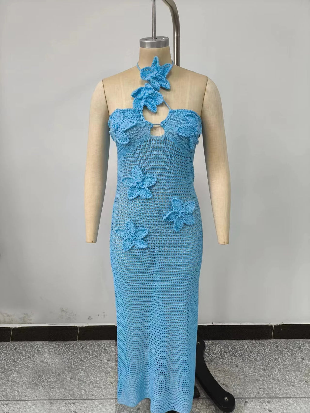 Abito lungo in maglia Abiti da festa estivi con fiori 3D da donna Copricostume elegante slim diviso maxi abiti da spiaggia per le vacanze
