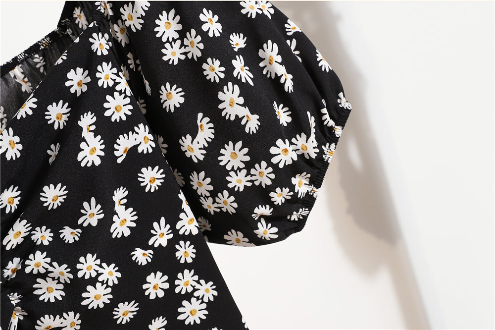 Mini abiti da donna Moda estiva Abiti femminili Stampa Abiti in chiffon floreale Abito casual con maniche corte a pieghe arricciate