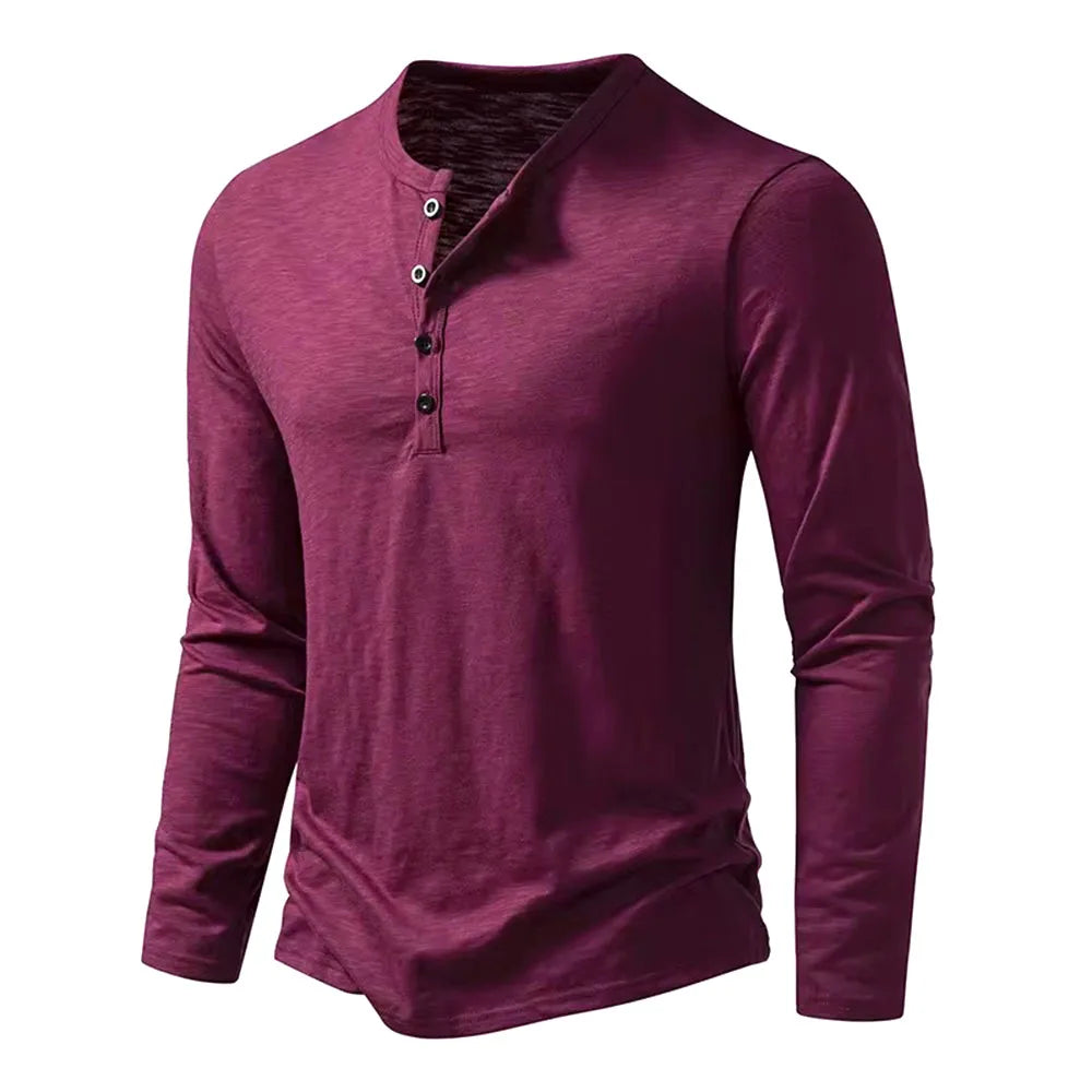 Camicia da uomo in cotone con bottoni e collo a Henley, manica lunga, bottoni casual, tinta unita, magliette alla moda