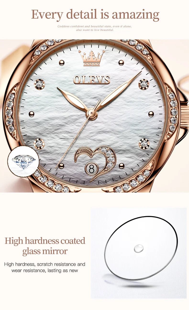 OLEVS 6631 Orologi automatici da donna Eleganti orologi da polso meccanici da donna impermeabili con cinturino in ceramica color oro rosa e lunetta con diamanti