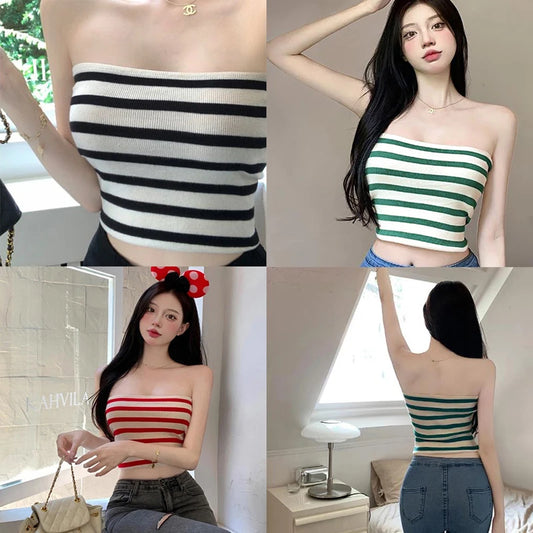 Summer Sexy Spice Retro Striped Tank Top Women Outer Wear Short Sleeveless Tops New Bustier