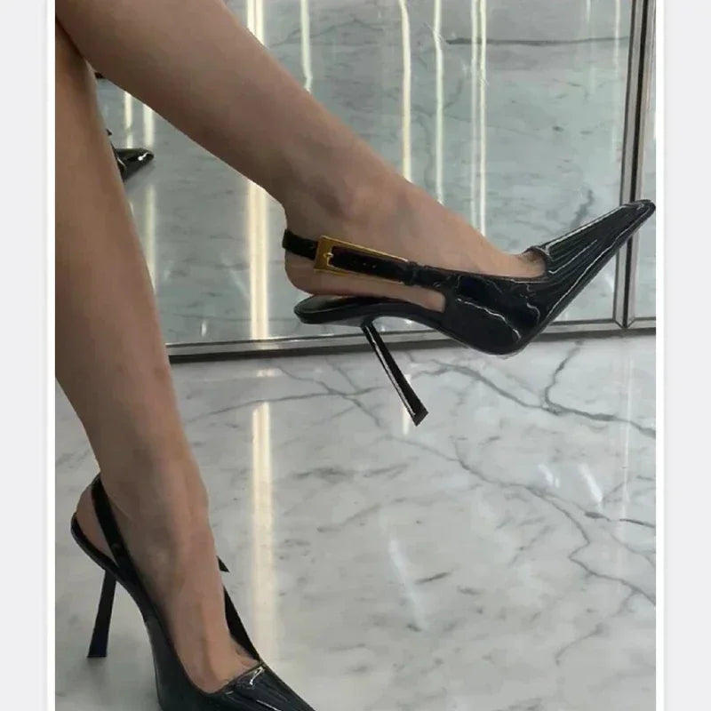 New Autumn 2024 Square Toe Slim Heel Retro Toe Women's Shoes with Patent Leather High-heeled Sandals