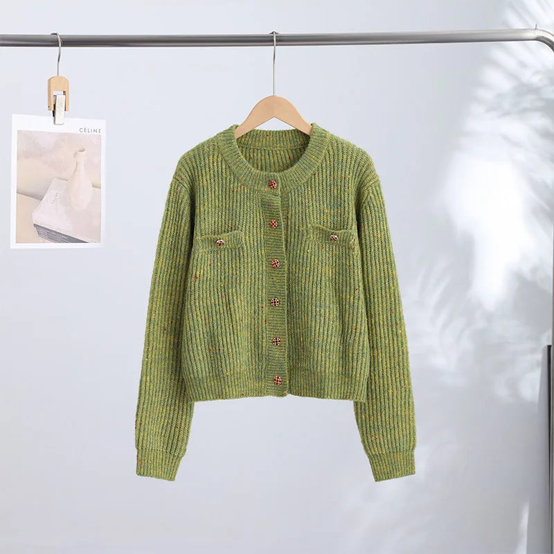 Cardigan Jacquard Lavorato a Maglia, Nuova Collezione Autunno 2026, Maglione Casual da Donna con Collo Alto e Maniche Lunghe, Cappotto in Maglia Stampata Larga