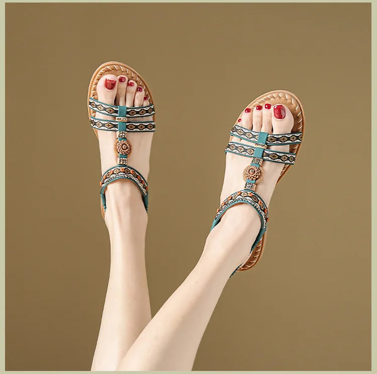 Elegante Damen-Sommersandale im Bohemian-Stil, rutschfest, bequem, für Alltag, Urlaub, flache Strandschuhe