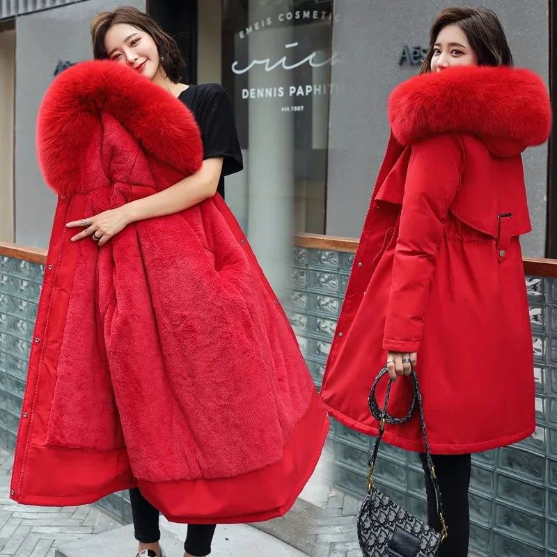 Giacca Invernale 2026 Nuova Parka da Donna Cappotto Lungo con Fodera in Lana Giacca con Cappuccio Collo in Pelliccia Spessa e Calda Abbigliamento da Neve Parka Imbottito 6XL