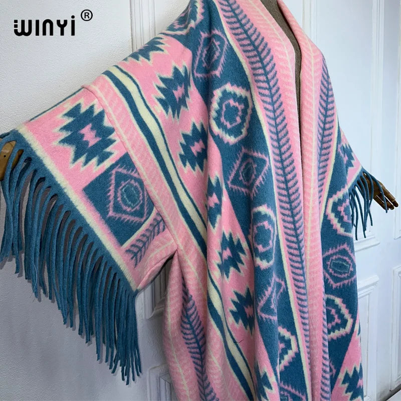 WINYI Inverno Donna Cardigan con frange stampa abaya dubai Cappotto di lusso Cappotto allentato Spessore caldo Capispalla femminile lungo piumino