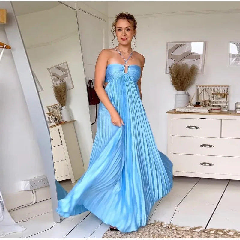 Abito Lungo Estivo da Donna con Scollo all'Americana e Pieghe, Senza Schienale, Senza Maniche, Blu, per Vacanze al Mare, Moda Femminile 2026, Vestito a Trapezio