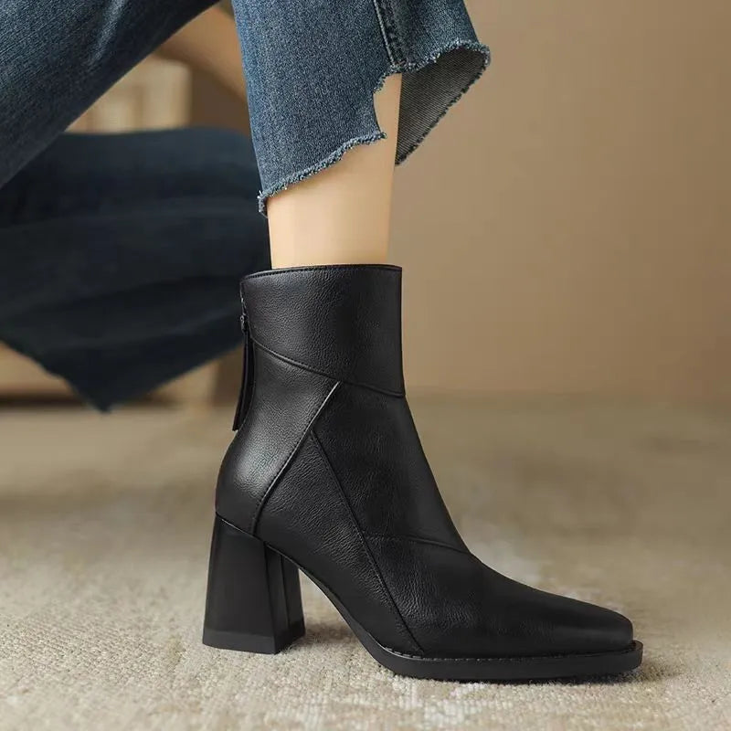 Woman Chunky Ankle Boots Women Zipper Retro Brown Soft Leather Short Boot Autumn New Square Toe Casual High Heel Booties Mujer