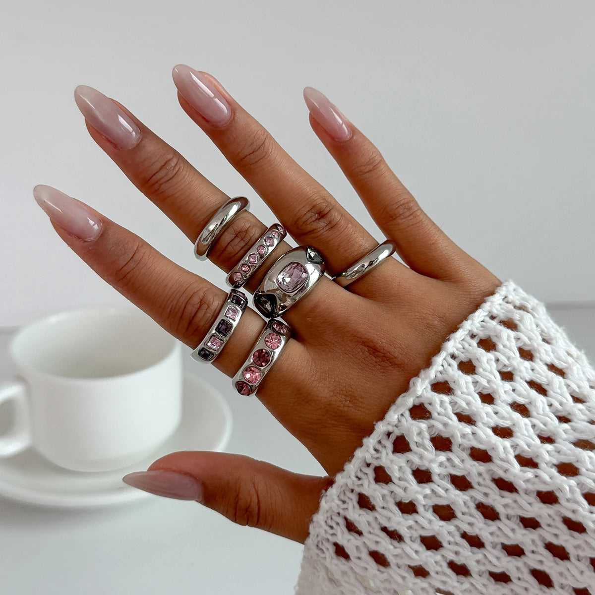 Salircon 6 Pz/set Intarsiato Zircone Viola Anello di Apertura Regolabile Set Donne Anello di Colore Oro Liscio per il Regalo Dei Gioielli Quotidiani Femminili
