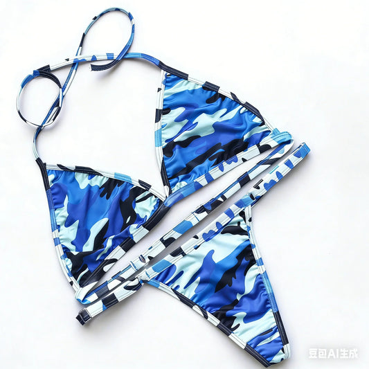 Women's Sexy Bikini Set Three-point Camouflage Quick Drying Hanging Neck Swimsuit Underwear Girl Summer Seaside Elastic Lingerie