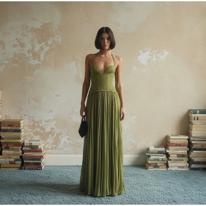 Chic Green Fishbone Halter Abito lungo Lady Solid Sexy Backless Pieghettato Off-spalla Abiti a trapezio 2025 nuovo abito da festa di Natale