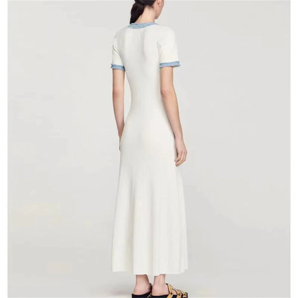 Abito lungo elegante in maglia da donna a contrasto Chic O-collo manica corta Bottoni in metallo Abiti aderenti Abito da pendolarismo da donna da ufficio