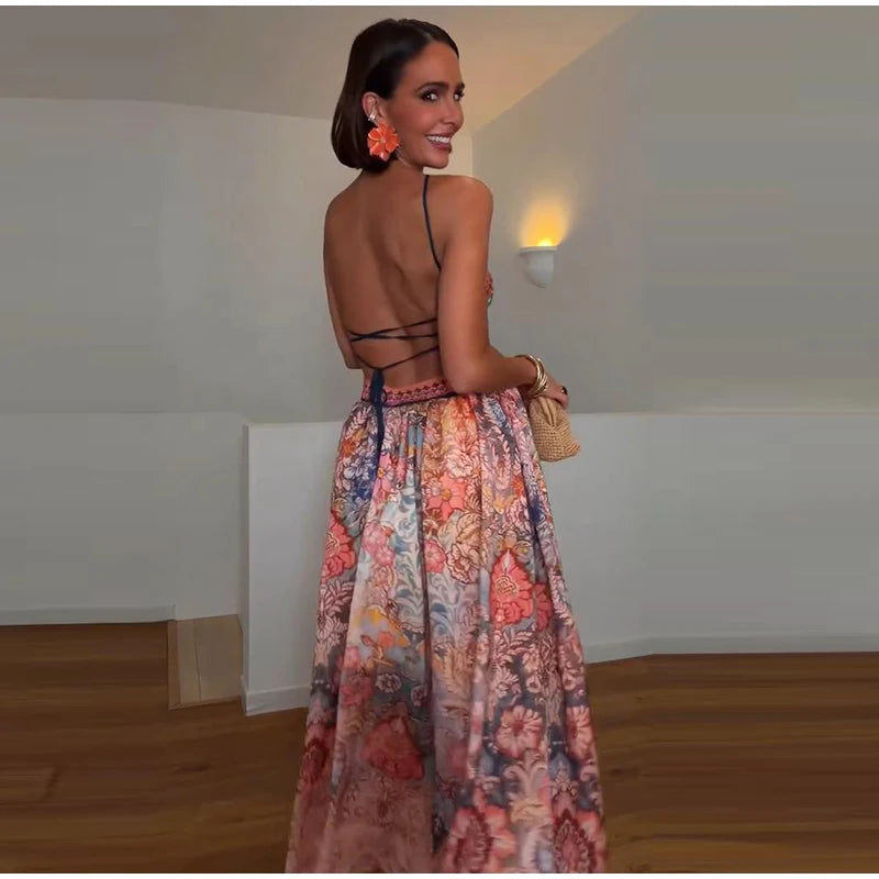 Abito Lungo da Donna con Stampa, Scollo a V, Maniche a Campana, Bordo a Foglia di Loto, Vita Alta, Vestito Maxi Aderente, Elegante Abito da Sera per Feste
