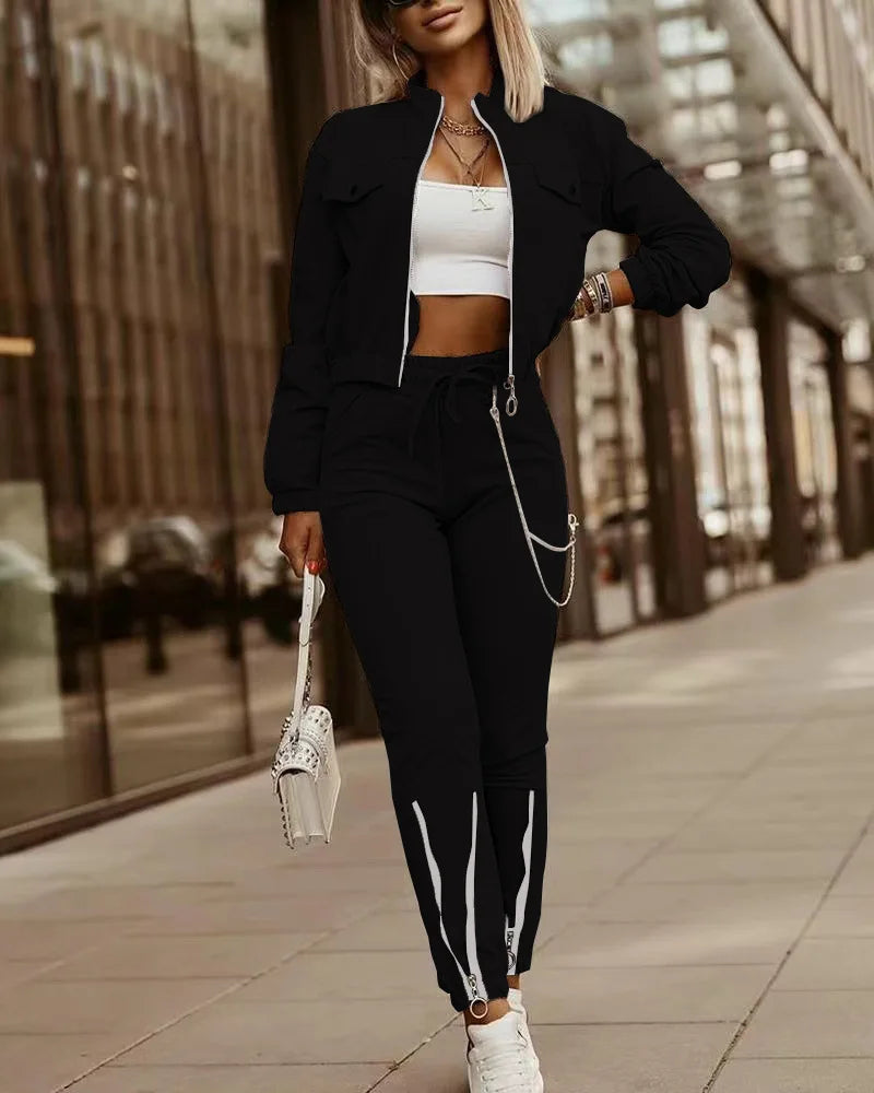 Abito da donna corto a maniche lunghe con cerniera nuova autunno tinta unita moda pizzo sportivo casual pantaloni piccoli piedi set da 2 pezzi