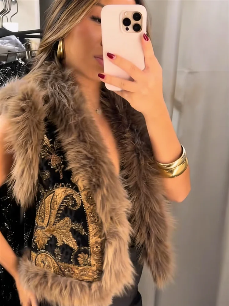 Gilet senza maniche modello Paisley vintage da donna con finiture in pelliccia di procione Gilet moda Capispalla 2025 Autunno Inverno Streetwear