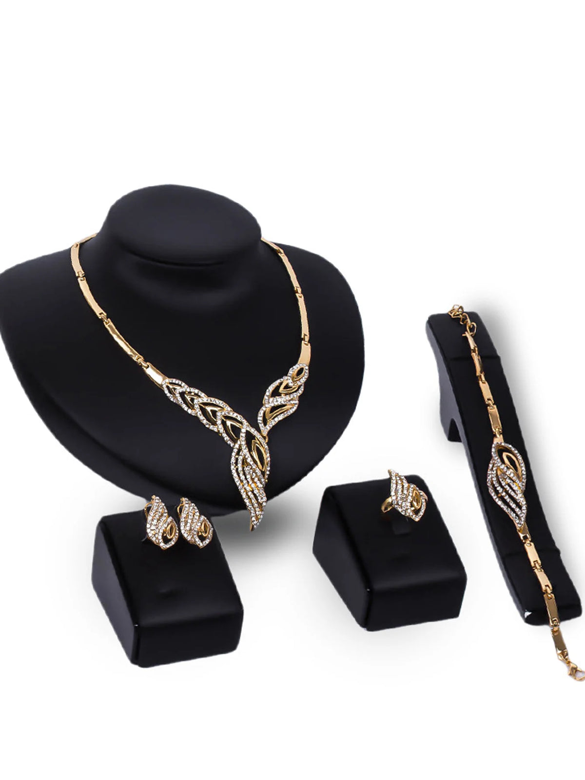 Parures de bijoux pour femmes en métal avec boucles d'oreilles, colliers, bracelets et bagues au design à la mode, adaptés aux banquets et aux cadeaux de fin d'année.