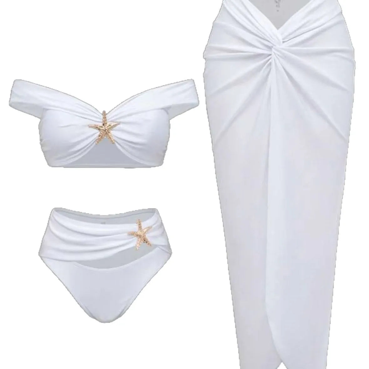 Damen Sexy Bikini Set Beachwear Metallic Seestern Bikini Falten Lange Röcke Dreiteilige Sets Hot Girl Urlaubsstil Badeanzug