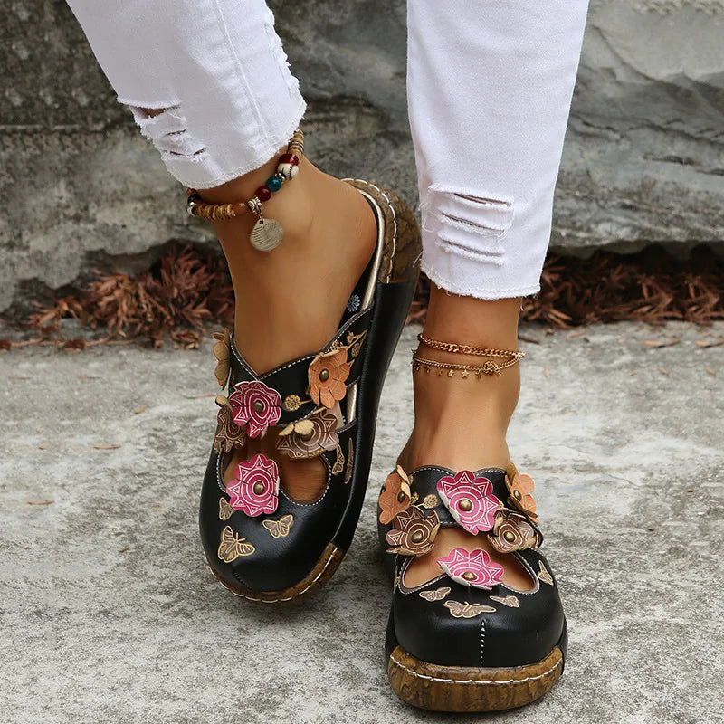 Damen-Sommersandalen mit Blumen im Ethno-Stil, Retro-Plateau-Hausschuhe, handgefertigt, bequem zum Gehen