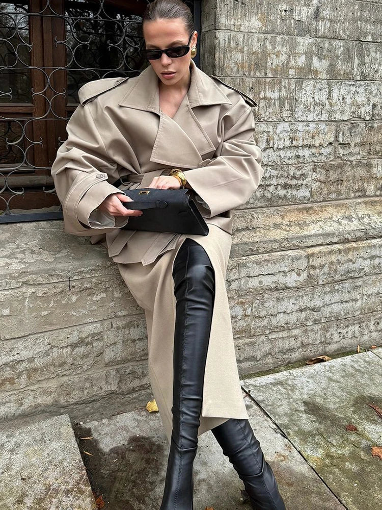 Trench lungo con lacci solido Moda donna Manica intera Risvolto monopetto Capispalla allentato Lady Autunno Cappotto Highstreet quotidiano