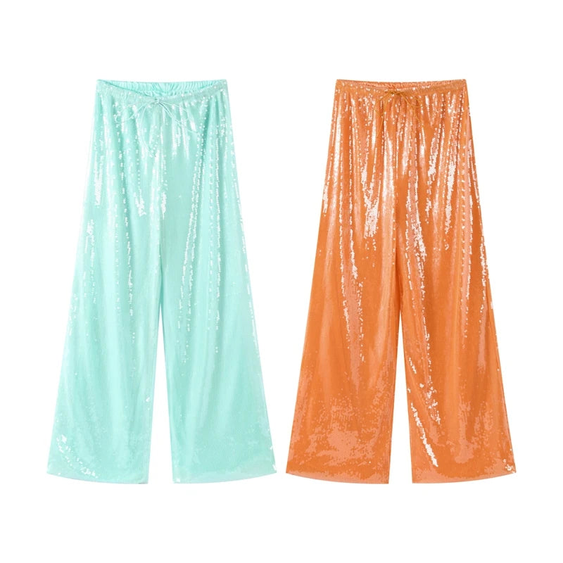 Pantaloni da donna trasparenti con perline alla moda Pantaloni elastici in vita a gamba larga Party Club Pantaloni marroni 2025 Primavera Estate Lady Capispalla larghi