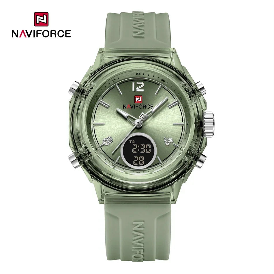 NAVIFORCE Orologio da donna di lusso Orologio sportivo all'aria aperta in oro Orologi impermeabili Doppio display dell'ora Orologi da polso al quarzo Orologio digitale in gomma
