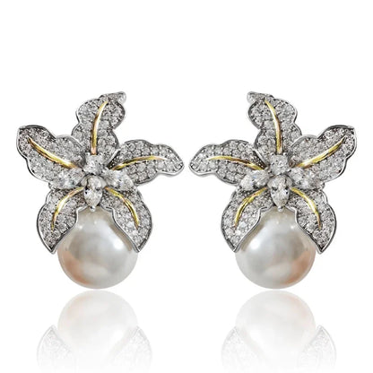 Bellissimi orecchini di perle imitazione fiore da donna di lusso intarsiato scintillante pietra CZ moda gioielli da sposa lotti all'ingrosso