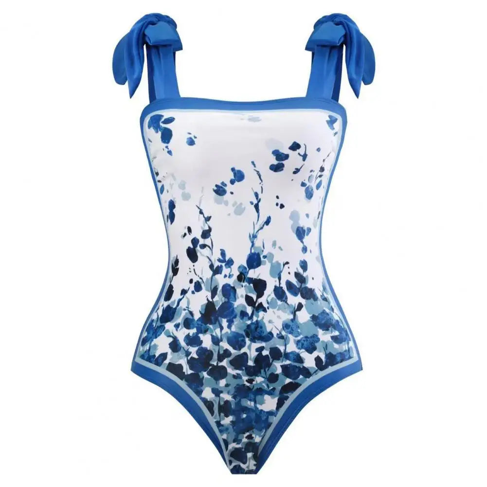 2 pezzi/set costume monokini da donna stampa vintage costume intero con cravatta al collo quadrato con gonna costume da bagno da donna con copertura da spiaggia
