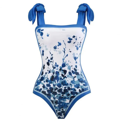 2 pezzi/set costume monokini da donna stampa vintage costume intero con cravatta al collo quadrato con gonna costume da bagno da donna con copertura da spiaggia