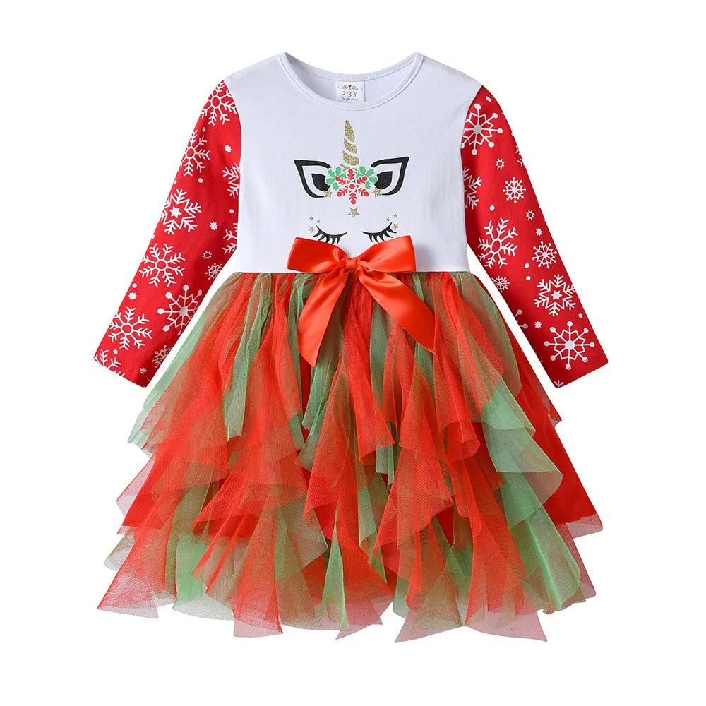 VIKITA Abito da bambina con unicorno natalizio Abito da tutù con stampa fiocco di neve a maniche lunghe per bambini con gonna in tulle a strati rosso verde per Natale