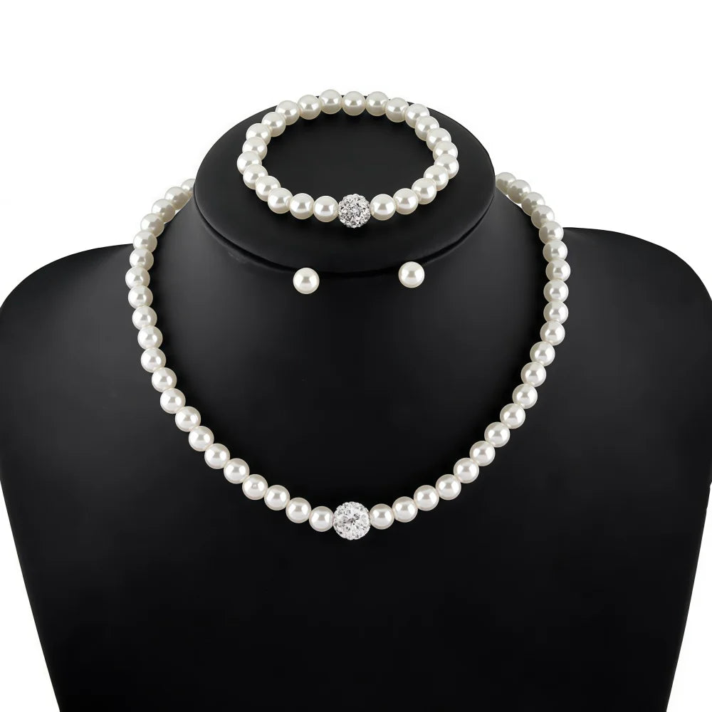 3 pezzi di perle finte palla di fuoco collana braccialetto orecchino set di gioielli con perno colore argento pietra di cristallo elegante regalo di gioielli da sposa