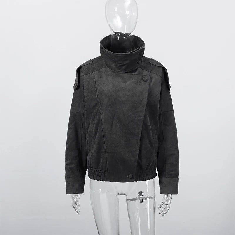 Giacca bomber da donna in camoscio grigio scuro, con colletto alla coreana, maniche lunghe, oversize, asimmetrica, stile street, giacche da donna autunno 2026