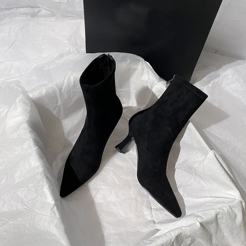 Pointed Toe Women Sock Short Boots Fashion Side Zipper  Ankle Booties Thick High Heel Autumn Winter Ladies Shoes Botas Femininas