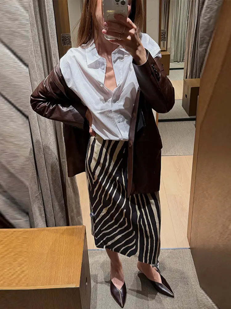 Gonna midi a righe zebrate da donna, a vita alta, dritta, elegante, aderente, casual, lunga, 2026, outfit moda street estivo e autunnale