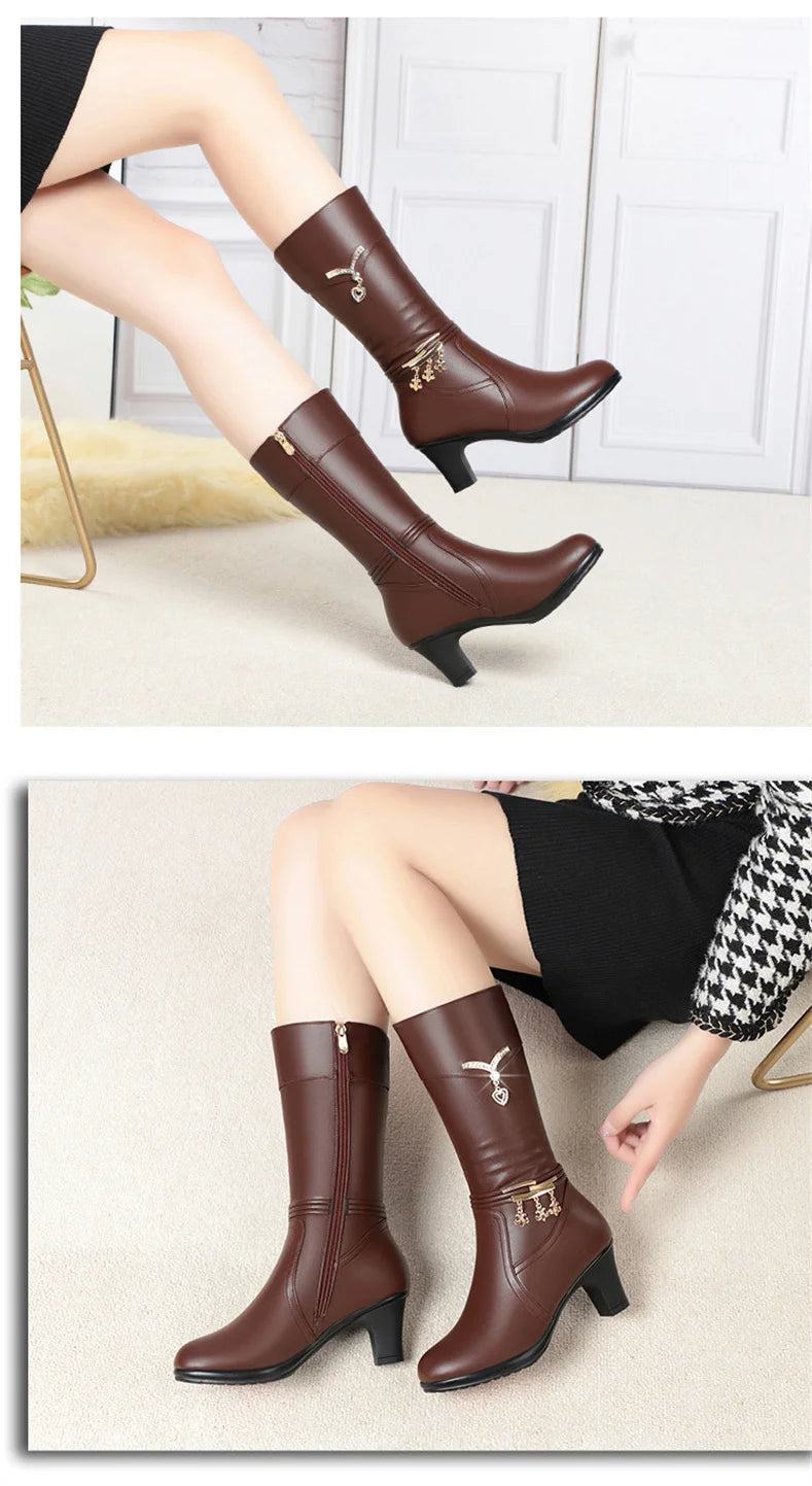 Women Comfortable Fleece Medium Boots Autumn Winter New Style Thick Heel Side Zipper Pointed Fashion High Heels Boots