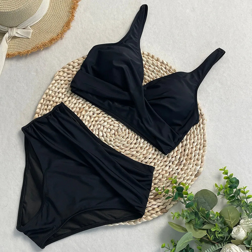 swimsuit ladies Women's High Waist  Bikini Sets Sporty Two Piece Swimsuits Solid Colors High Cut Bathing Suits Women Bikini Sets