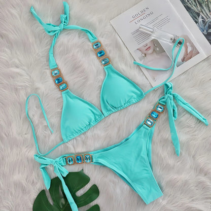 2025 Costume da bagno da donna in 2 pezzi con stringhe di strass e bikini sexy da spiaggia