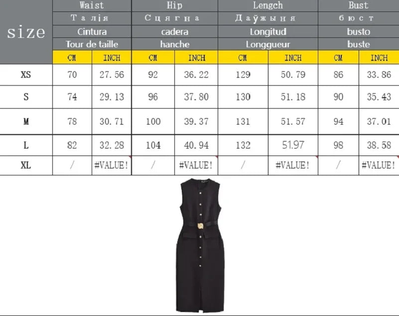 MUJER 2025 Abiti da donna Abiti lunghi da ufficio neri per le donne Abito longuette senza maniche primaverile Donna Cintura con bottoni Abito da donna Gilet