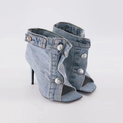 Summer Sandals Stiletto Heel Ladies Shoes Peep Toe Pumps Woman Brand Design Pumps Classic Blue Denim Boots Plus Size 43