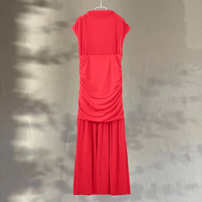 Maglia sexy vedere attraverso lungo abito rosso senza maniche piega patchwork a-line maxi abiti da festa femminile 2025 estate signora abiti slim