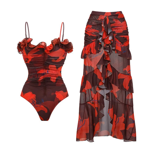 Damen Sexy Bikini-Set Badeanzug Lilie Kontrastdruck Stoff Patchwork Rock Push-Up Badeanzug Biquini Body Badeanzüge