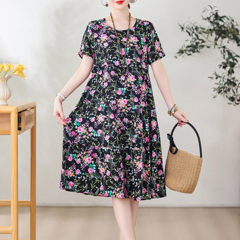 Nuovo Vestito Delle Donne di Estate Vestito Estivo 2024 Casual abito a maniche corte Abiti Femminili O-Collo Robe Abiti della Boemia di Grandi Dimensioni