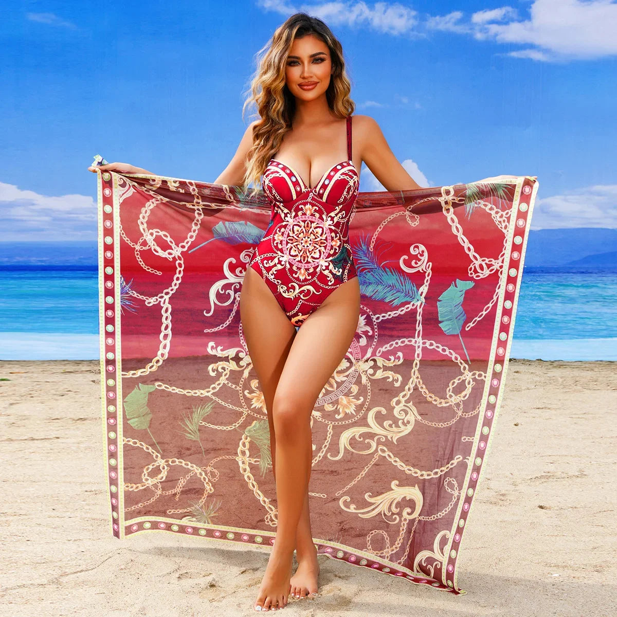 2025 New Underwire Women Sexy Swimsuit 2 Pieces Swimwear Slim Monokini Chains Print Push Up Bikinis Black Blue Green Beachwear