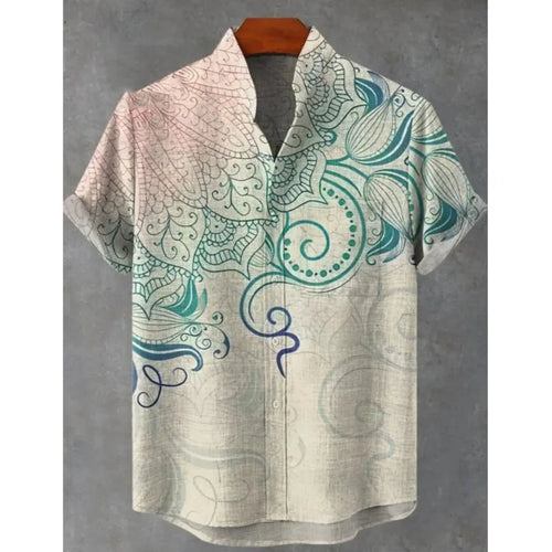 2025 Camicia a maniche corte con motivo floreale mandala da uomo Camicia estiva vintage nuova in lino Manica corta da uomo per il tempo libero Vacanza Streetwea