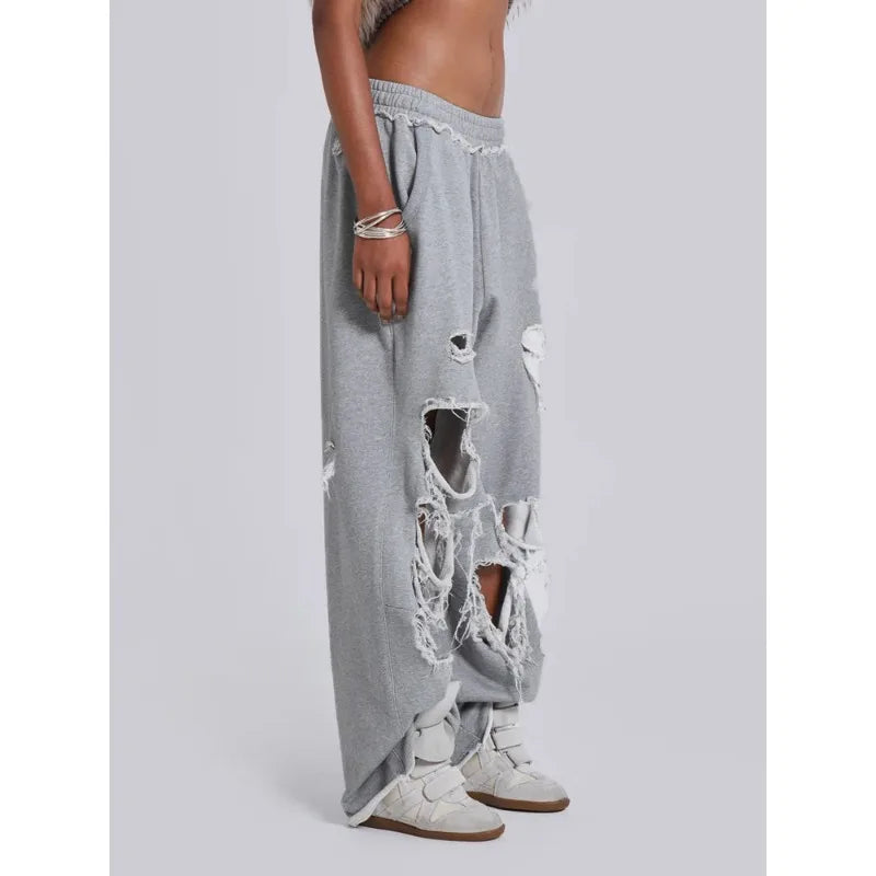Y2k Grigio Strappato Pantaloni da Jogging a Gamba Larga da Donna Americano Retro Hip-Hop Drappo Pantaloni Sportivi Sottili di Colore Solido Allentato Casual Estate