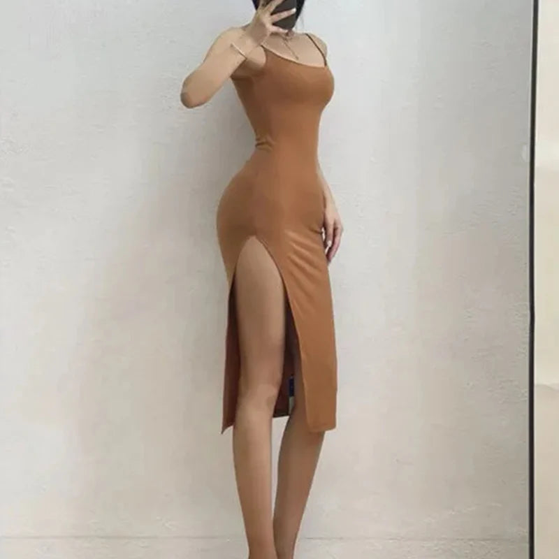 Rimocy Abito lungo sexy con spacco alto per donna Abito estivo aderente senza maniche senza schienale Donna Vacanza Spiaggia Abiti con cinturino per spaghetti