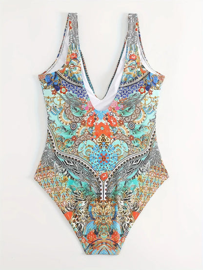 Sexy Print V-Neck One-Piece Bikini Swimwear Thermal Spring Vacation Women's Fashionable Trendy Swimsuit with Strap