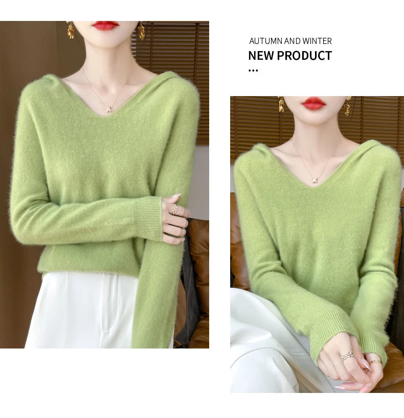 Abbigliamento donna autunno inverno colletto con cappuccio pullover maglione di lana merino 100% nuova moda top in cashmere che tocca il fondo maglieria morbida