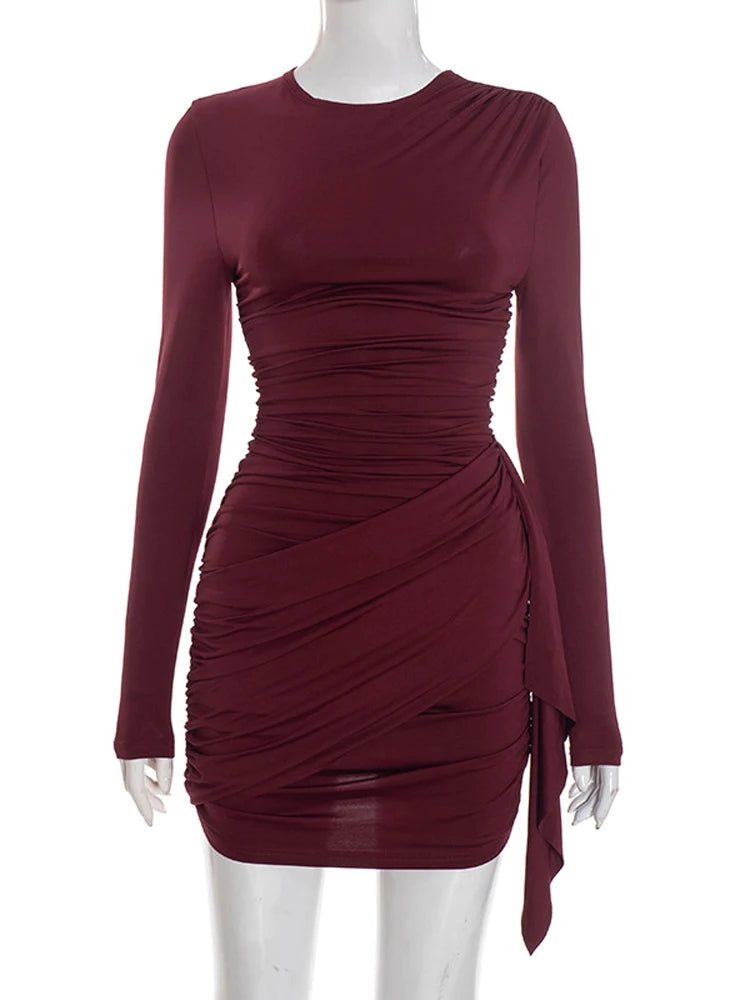 Abito tubino sottile solido girocollo Moda donna manica lunga avvolgente corto mini abiti a vita alta Lady 2026 abito da sera per feste