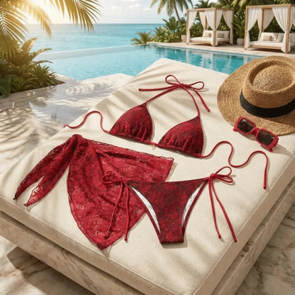 Badeanzug Neckholder Sexy Brasilianischer Bikini Set Pareo Nylon Spitze Bikinis Netz Rot Dreiteilige Bademode Sommer